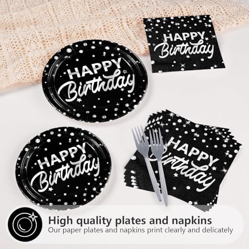 Grencian 96Pcs Black and Silver Birthday Plates Napkins Forks Set