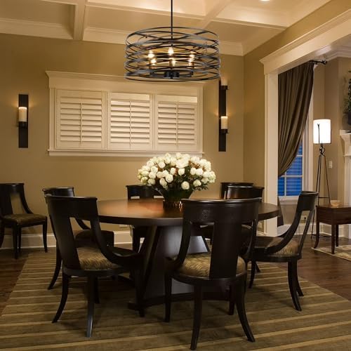 236 Inch Rustic Drum Chandelier with Black Wood Texture Interior