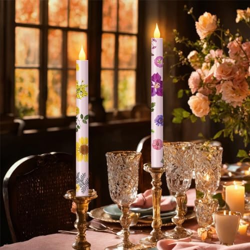 Nuanchu 6 Pcs Pastel Flameless Taper Candles with Dried Flowers