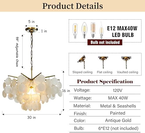 6 Light 30 Inch Coastal Capiz Shells Chandelier with Antique Gold Metal