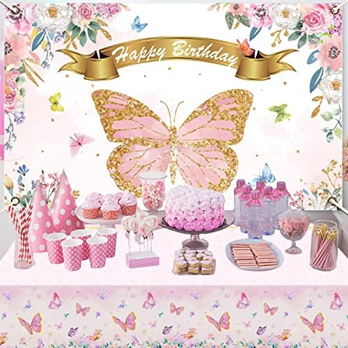 3pc Pink Butterfly Tablecloth Birthday Party