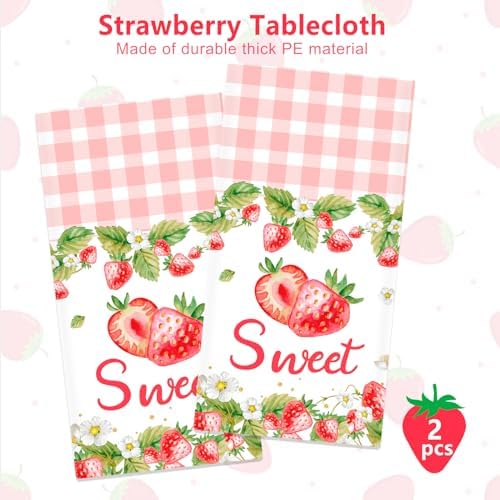 PHOGARY 2 Pack Strawberry Tablecloth Birthday Party Decorations