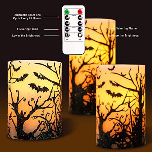 Halloween Flameless Candles Set of 3 Black Bat Decal LED Pillar Candles
