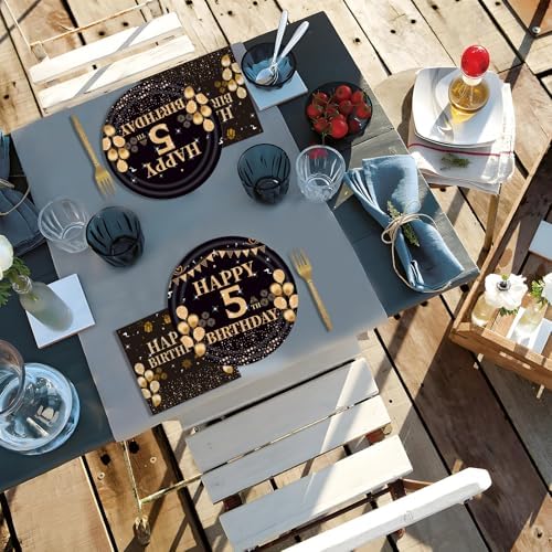 96PCS 5th Birthday Plates Set Black Gold Theme for 24 Guests