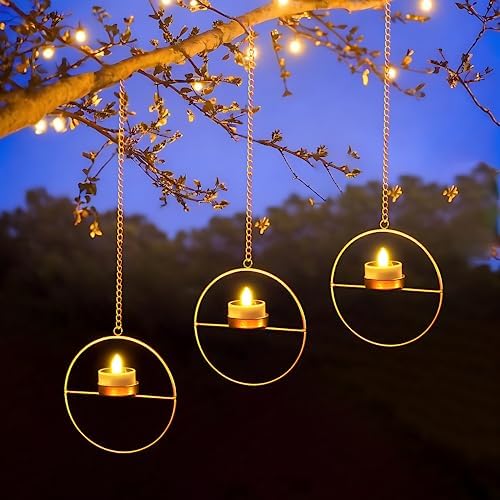 Solar Lanterns Outdoor Hanging Set of 3 Golden Metal Candles