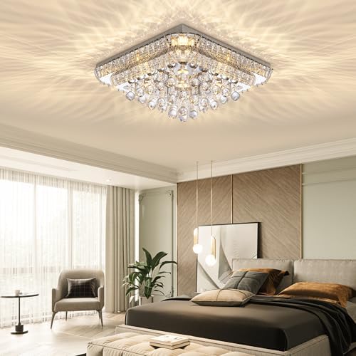 24 Inch Crystal Flush Mount Ceiling Light with Remote Control