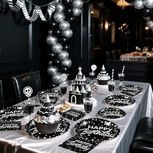 Grencian 96Pcs Black and Silver Birthday Plates Napkins Forks Set
