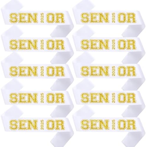 Senior 2025 White Sashes 10 Pack with Gold Glitter Letters