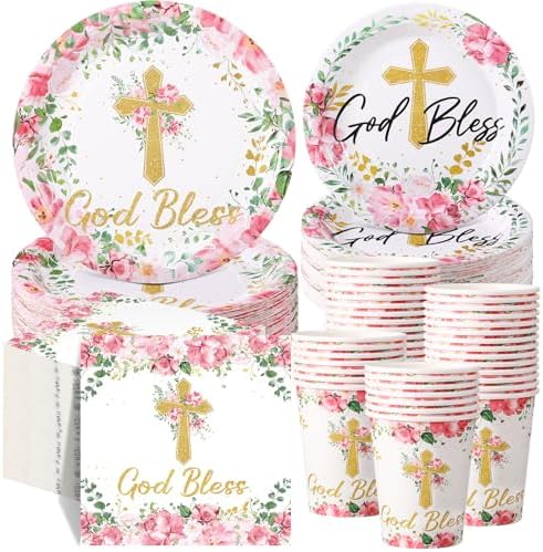 Pickmesh 250 Pcs Pink Baptism Cross Disposable Tableware Set