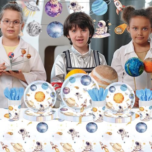 142PCS Space Themed Paper Plates Party Supplies Set for Birthday Celebrations