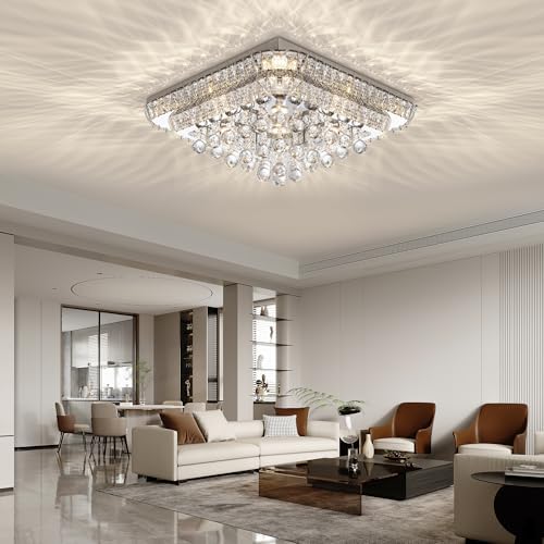 24 Inch Crystal Flush Mount Ceiling Light with Remote Control