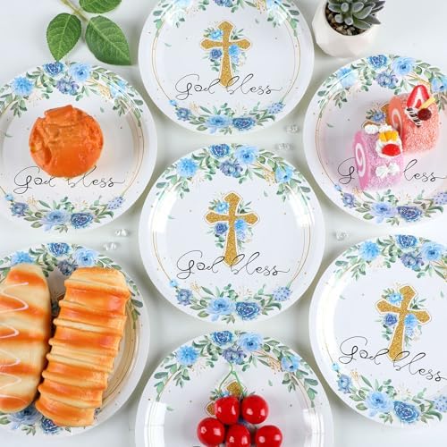 48PCS God Bless Baptism Party Blue Floral Plates