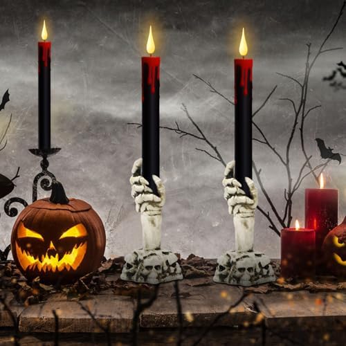 GenSwin Halloween Black Flameless Candles with Remote Timer and Ghost Hand Candlesticks