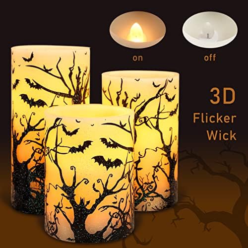 Halloween Flameless Candles Set of 3 Black Bat Decal LED Pillar Candles