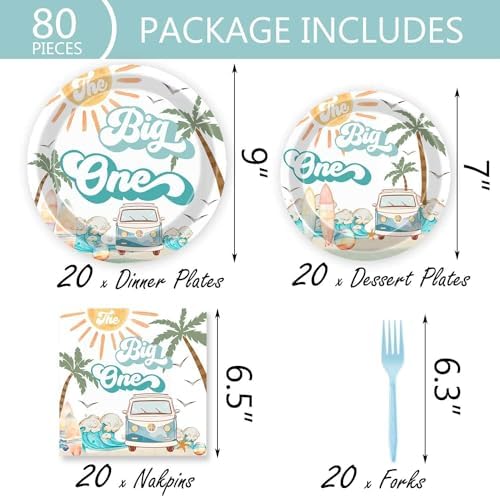 Letromp 80 Pcs Summer Beach 1st Birthday Tableware Set