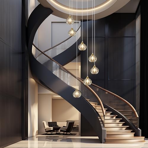 7-Light Gold Crystal Pendant Light for High Ceilings