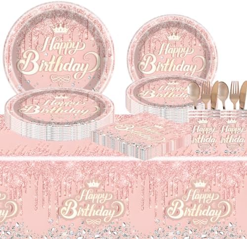 81Pcs Pink Diamond Tableware Set for Birthday Parties