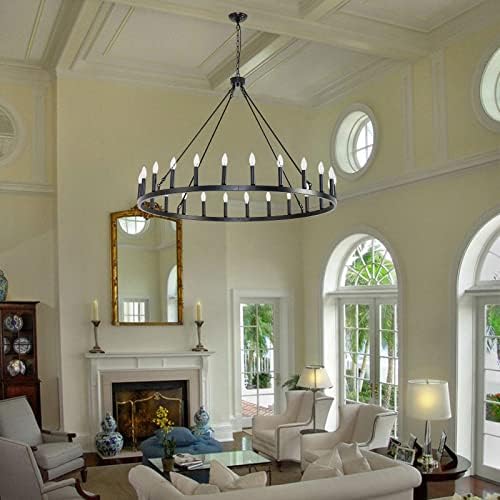 BAOURE 48 Inch Black Wagon Wheel Chandelier 24 Light Modern Farmhouse Pendant Light