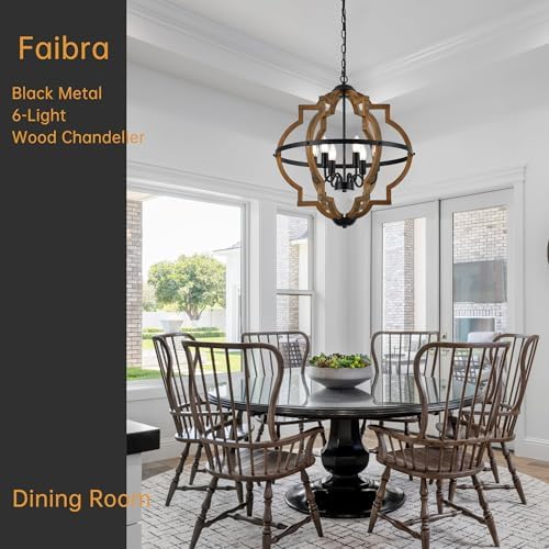 6-Light Farmhouse Wood Pendant Light with Adjustable Height