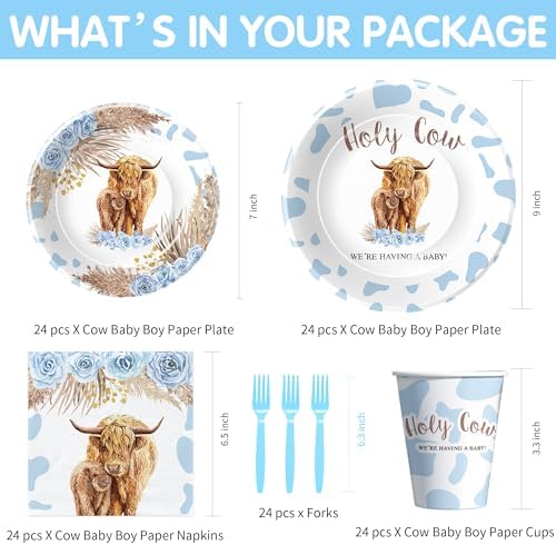 Highland Cow Baby Shower Tableware Set 24pcs Blue Boho Style