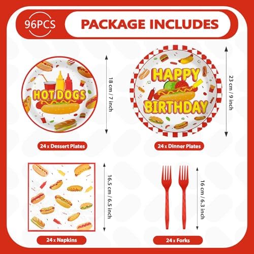 Grencian 96 PCS Hot Dogs Birthday Plates Napkins