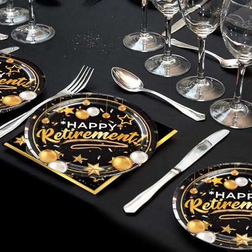 40pcs Retirement Party Tableware Set with Black and Gold Plates and Napkins