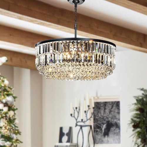 5 Lights 24 Inch Modern Glam Chandelier in Matte Black Round Teardrop Crystal
