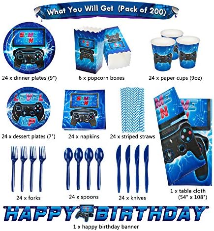 DECORLIFE 200PCS Gamer Birthday Party Supplies for Boys