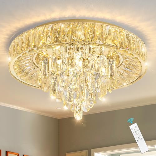 Modern Crystal Chandelier with Dimmable LED Light Remote Control Flush Mount Ceiling Light