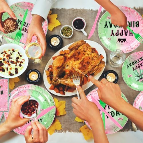 Pink and Green Party Tableware Set for 24 Guests