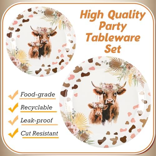 Sunnyray 96 Pcs Highland Cow Party Tableware Set