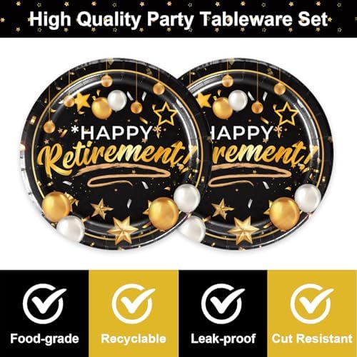 40pcs Retirement Party Tableware Set with Black and Gold Plates and Napkins