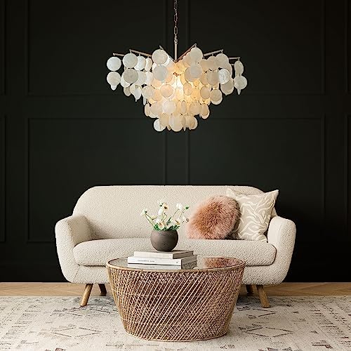 6 Light 30 Inch Coastal Capiz Shells Chandelier with Antique Gold Metal