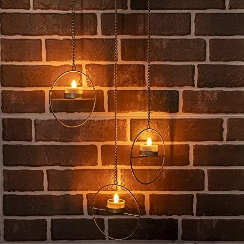 Solar Lanterns Outdoor Hanging Set of 3 Golden Metal Candles