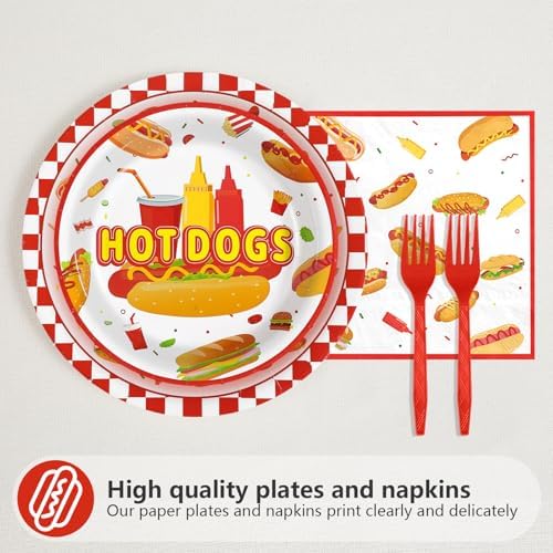 Grencian 96 PCS Hot Dogs Birthday Plates Napkins