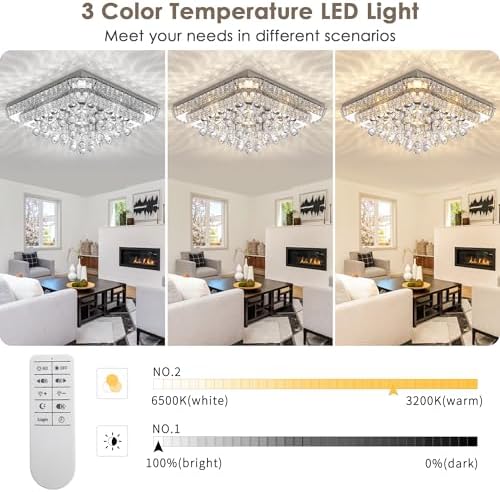 24 Inch Crystal Flush Mount Ceiling Light with Remote Control