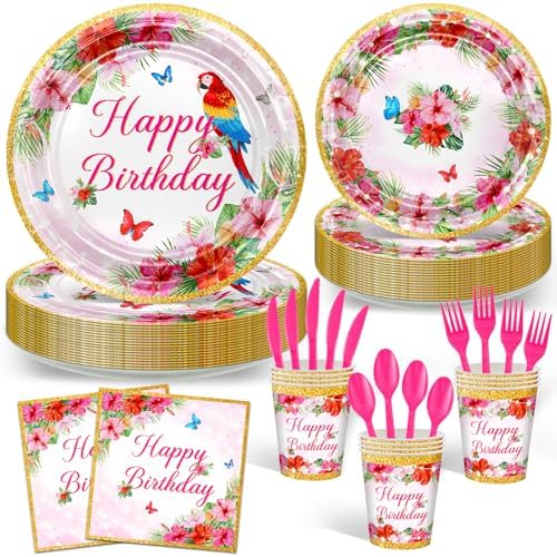 Avezano 168 pcs Tropical Birthday Plates and Napkins Set