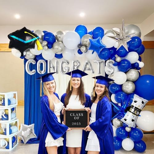 Royal Blue Graduation Balloon Garland Arch Kit with Foil Caps and Diplomas