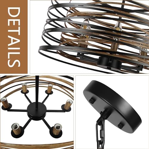 236 Inch Rustic Drum Chandelier with Black Wood Texture Interior