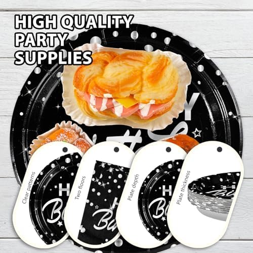 Grencian 96Pcs Black and Silver Birthday Plates Napkins Forks Set