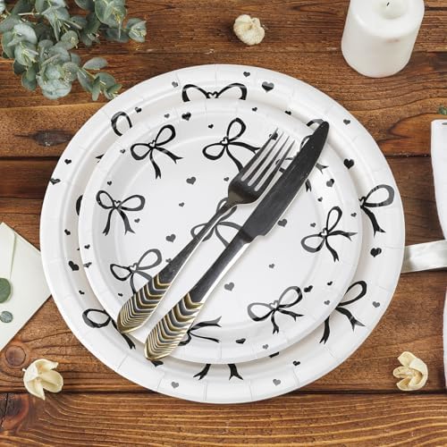 Sieral 60 Pcs Black and Pink Bow Paper Plates for Parties