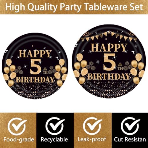 96PCS 5th Birthday Plates Set Black Gold Theme for 24 Guests