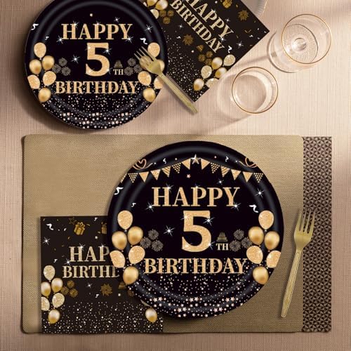 96PCS 5th Birthday Plates Set Black Gold Theme for 24 Guests
