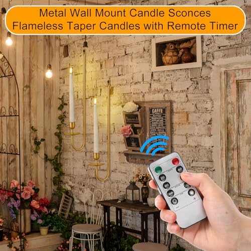 2 Set Metal Wall Mount Candle Sconces with LED Tapers and Remote Timer