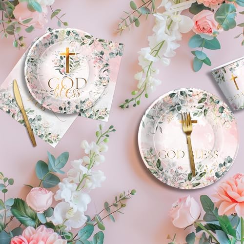 God Bless Baptism Tableware Set for Girl - 24pcs Communion Plates and Cups