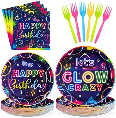 Grencian 96Pcs Neon Glow Party Tableware Set