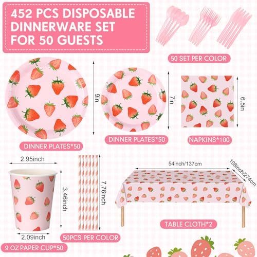 452 Pcs Strawberry Party Decor Set Plates Napkins Cups