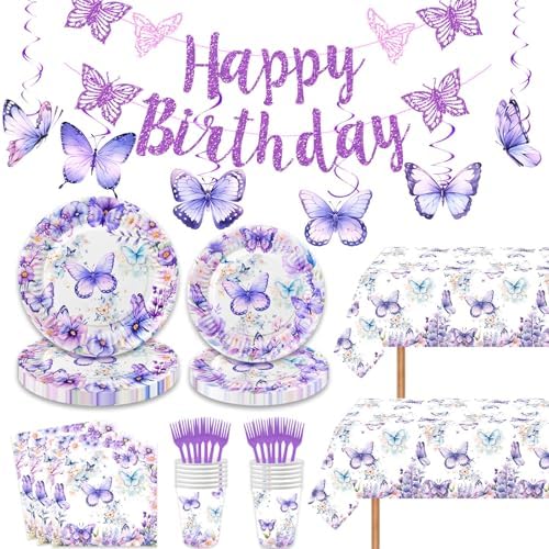 LetDec 120 Pcs Butterfly Birthday Party Tableware Set