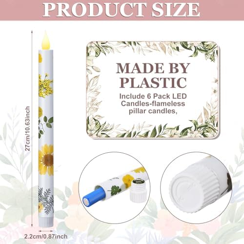 Nuanchu 6 Pcs Pastel Flameless Taper Candles with Dried Flowers