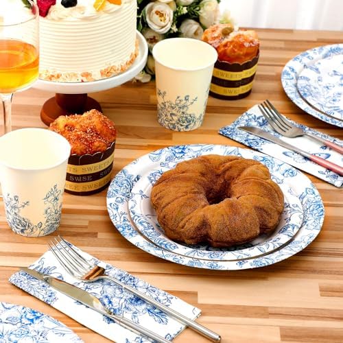 Nitial 200 Piece Blue and White Flower Disposable Tableware Set